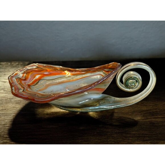 Vtg Slag Art Glass Cornucopia Vase Spiral Curled Handle Unsigned Orange MCM - Picture 5 of 15